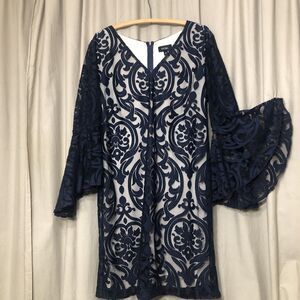 MSK Navy Blue Lace Overlay Sheer Bell Sleeve Sheath Midi Dress Size 14